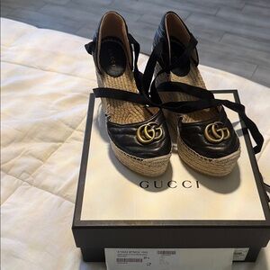 Gucci Black and Gold Espadrille Wedges